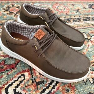 Hey Dude Paul Classic Brown Faux Leather Loafers Mens 11 Moc Toe Shoes